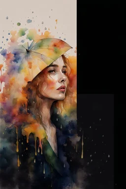 watercolor portrait of a woman, lush hair, rain, flowers, umbrella, autumn, paint blots, splashes, tears, plants, yellow, blue, green, orange colors