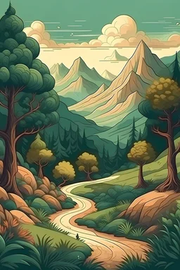 mysterious landscape with mountains trees plants a path in the style of olivier b bommel