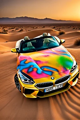 a realistic photo of a 2025 bmw z4,the car is spray painted with graffiti, desert background with sand storm to make the car stand out, colorful and stylish graffiti, 12k highly detailed and realistic , Masterpiece, dramatic product shot