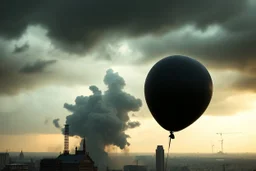 one bursts big black party balloon on sky, high realistic, storm, gloomy, surreal, little city, ruins, professional photo, cinematic, utopistic