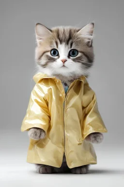 baby cat in raincoat. Chibi, Photograph, Canon DSLR, Tilt - shift, white background, high definition, Complete and coordinated composition, 8k