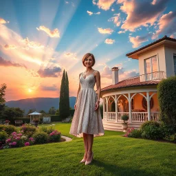 create full body lady ,short hair pretty dress standing pose pretty high heels ,midy dress,standing in front of a beautifull villa garden sun set sky with pretty clouds and godrays