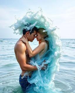 Two lovers, canon professional photo, man and girl, hugging, bodies melting, turning into one column of sea water, bodies twisting in a spiral, forming a unique trunk of a sea tornado, hair made of sea foam melting, poetic picture, hyperdetail, bright colorful contrasting beautiful intricate, oaokzpo art botanical, iso100, 16k, HDR, cgi, --quality q2