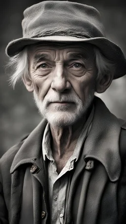 Old Man Narrator: Physical Appearance: He is aged, with deeply etched lines on his face that tell tales of a lifetime. Wisps of silver hair peek out from under a well-worn hat, casting shadows on weathered features. His eyes, though dimmed by time, hold a spark of wisdom and nostalgia. Wardrobe: Wears a patched and faded jacket, a testament to years of wear and tear. A pair of spectacles perched on the bridge of his nose, a symbolic tool for reliving memories through the lens of experience. V