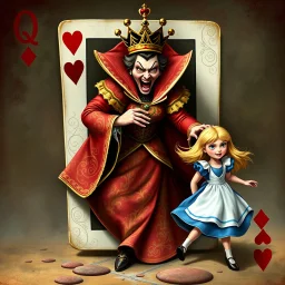 The Queen of Hearts, in a lavish red and gold gown with intricate patterns, a regal crown, and an angry expression, bursts dramatically from a playing card marked with a red 'Q' and hearts in each corner. Her form shifts from flat to 3D as she emerges, reaching menacingly toward a frightened Alice, who has blond hair flowing behind her as she flees in a blue dress with a white apron. The background blends card motifs with a whimsical, intense storybook atmosphere.