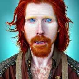 Portrait of Courtney Gains as a ruggedly handsome, joyful, roguish pirate, charismatic, attractive male, masculine, perfect teeth, precisely detailed clear eyes, softly freckled face, unblemished, flawless skin; meticulously detailed multi-hued ginger carrot colored cherry fire red hair; fantasy, intricate, elegant, highly detailed, digital painting, concept art, matte, sharp focus, illustration, art by artgerm and greg rutkowski and alphonse mucha