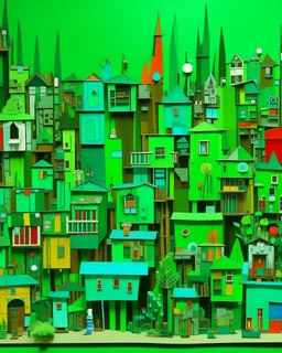 A green mechanical village with crystals painted by Stuart Davis