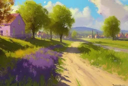 Sunny day, clouds, grass, houses, purple flowers, dirt road, trees, distant mountains, konstantin korovin impressionism paintings