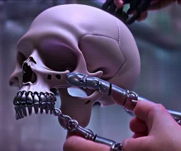 "hand screw clamp" gripping human skull, striped caution detailing, robotic arms holding these clamps, Phyrexian background