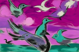 A purplish magenta sky with flying turtles painted by Pablo Picasso