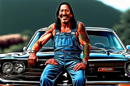 Fotorealistisch Danny Trejo breit grinsend mit offenem Haar in ölverschmiertem Mechaniker Overall fährt Muscle Car