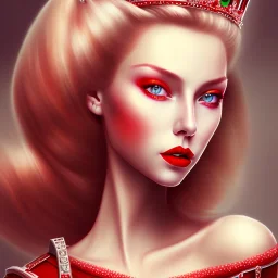 a full portrait of beautiful queen, has pale blonde hair and green eyes, red lips, wearing red dress