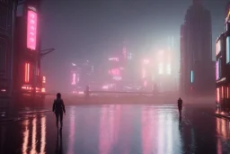 3D, beautiful, light reflecting, empty future city skyline at night, rainy night, neon, cyberpunk, tron, one cyborg walking, 8k, finely detailed, photo realistic