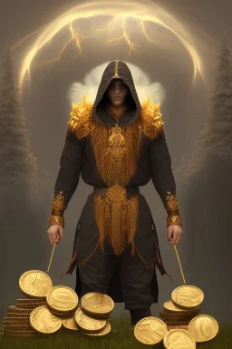 running berserker portrait , no face, black jogging suite , in the night Alps , holding coins , angels background, volumetric gold light, high detail, dark leaf tree, dark mountains in background, perfect