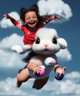 Ultra realistic speed clouds sky scene, wide angle view, childs falling down with many Childs background, rabbit head, inflatable monsters, circus dress style, feather color, free jumping flying, many trinkets, hair monster, many jelly beans, balls, color smoke, smile, happy, extreme, wind, clouds sea, 20,000 feet altitude, stratosphere, soft color, highly detailed, unreal engine 5, ray tracing, RTX, lumen lighting, ultra detail, volumetric lighting, 3d, finely drawn, high definition.