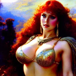 Drawing of beautiful face busty red Sonja,Sweet stare, balanciaga fashion clothe painting by gaston bussiere, greg rutkowski, yoji shinkawa, yoshitaka amano, tsutomu nihei, donato giancola, tim hildebrandt, oil on canvas, cinematic composition, extreme detail,fit full head inside picture,16k