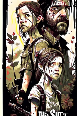 Last of us joel and ellie illustration game poster, there are zombies behind them