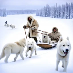 Create an image of sledge dogs that drag a sled in the snowy expanses of Alaska on which sit four Eskimo children dressed in white bear fur coats, the sled makes deep tracks in the snow, in the background of his circle in front of which stands an Eskimo hunter with a catch of fish, afternoon photo, outdoor photo, photo Realistic, 18K, wide lens