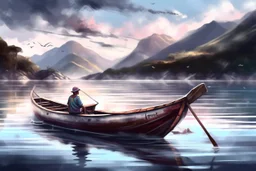 Fisherboat, realistic, colorfull, ocean, small boat, rowing boat, mountains, lake, fisher man