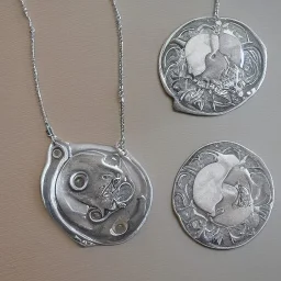 pendant in a form of two conjoined silver coins, watercolor, large strokes, illustration, fantasy