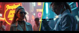 cyberpunk mega city fallout 4, A cinematic, high-end advertisement image for a fictional service called “Posh on Stage Fashion Catwalk with Spice Girl Nurse Glam Fashion Party™”. Split-screen composition with two contrasting emotional states. Mad scientist getting injected.