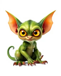 Flux P: a small gremlin, with large expressive yellow eyes and oversized ears that resemble bat wings. The creature has a vibrant green, slightly scaly skin, and a playful, mischievous expression. It sits in a dynamic pose, with a curled tail and pawed feet featuring sharp, claw-like toes. The background is minimalistic and bright white, emphasizing the creature's vivid colors. The lighting is soft and even, highlighting the detailed textures of the skin and the glossy shine of the eyes. The ove