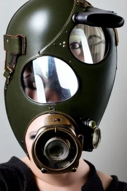 Steam-punk style random-mask. Large fencing mask covers cheeks. Hot girls. Reflective surface on face, full coverage, reflective. Camera lenses as eyes. Head full of integrated old-fashioned cameras. Army green surfaces body, latex. Perfect body, thick thighs and calves. Asa Akira. SElfie with old-fashioned cameras in both hands. Wide hip, skirt bleats nicely. Camera at mons veneris. Partly symmetrical. Black wide leather belt with camera. Euclidean 3D-tiling walls. surrealistic atmosphere