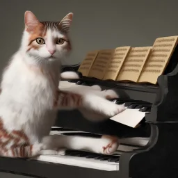 A cat that is dressed like Wolfgang Amadeus Mozart is playing Piano. Background Music notes are dancing. Immpressionism