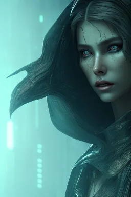 evil witch, black leather, blade runner, volumetric lighting, particals, intricate detail,realistic, close up