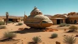 duck shaped space ship in the desert surrounded by lost things