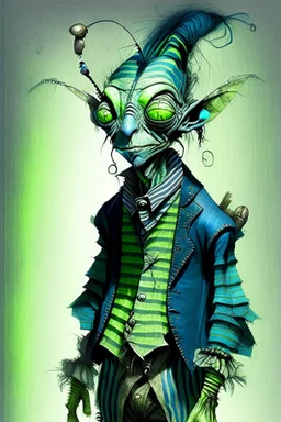 Artist Jean-Baptiste Monge style. A old biomorph male humanoid with Ant face. Bright eyes. A green and blue striped outfit. Modifiers: Tim Burton Craig Rutkowski