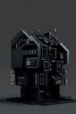 design a black house that is made of computer parts and computer code/