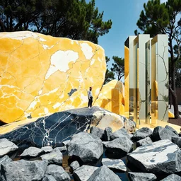 Un'immagine di un paesaggio naturale con marmi gialli e blu scuro, imponenti, accanto a strutture artificiali e alberi. Queste strutture sembrano blocchi rettangolari riflettenti, come colonne di vetro, che creano un contrasto tra il naturale e l'artificiale. Gabbia brutalista si erge solitaria. Persona osserva. bianco con venature e solchi. Magma liquido nero. La scena trasmette un senso di sospensione e dialogo tra elementi organici. Dettagli degli specchi e delle rocce molto accentuati.