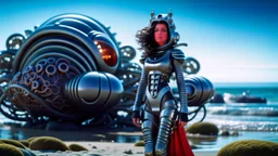 A woman with dark hair in a silver robotic catsuit, standing on a beach with a crashed spaceship in the water behind her, with flying mushrooms looking like parasols, with octopus tentacles in the air