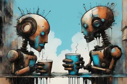 two crazy rusty scrappy robots drinking coffee in urban decay, negative space, wet print, ink leak, overheat, dramatic, cinematic, sudden jolt dynamics, amazing reflections and parallels and verticals, Afro-futurism, surreal futurist architecture art, surreal liminal space, tribal vibe and patterns, colors of light sky blue and beige and black