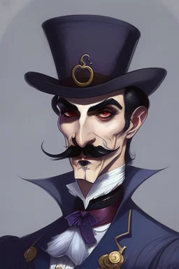 Strahd von Zarovich with a handlebar mustache wearing a top hat acting kawaii