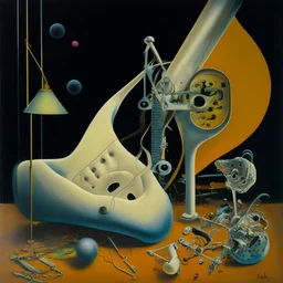 Abstract painting formed by a mix of human flesh-like surgical instruments and universe-like musical instruments,neuralink,minimalism,Painting By Adrian Ghenie, Rene Magritte, Salvador Dali, Lucian Freud