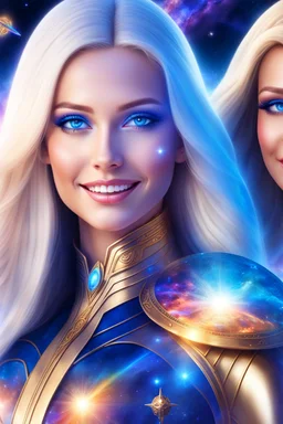 cosmic woman smile, admiral from the future, one fine whole face, crystalline skin, expressive blue eyes,rainbow, smiling lips, very nice smile, costume pleiadian, Beautiful tall woman pleiadian Galactic commander, ship, perfect datailed golden galactic suit, high rank, long blond hair, hand whit five perfect detailed finger, amazing big blue eyes, smilling mouth, high drfinition lips, cosmic happiness, bright colors, blue, pink, gold, jewels, realist, high commander