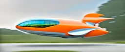 award winning car and driver photograph of a futuristic station wagon dirigible hybrid designed by only one vehicle per image painted metallic orange traveling at a high rate of speed, jet intake off of front center of vehicle and jet exhaust out the rear with bright blue flame, bilaterally symetrical, more a high speed road vehicle