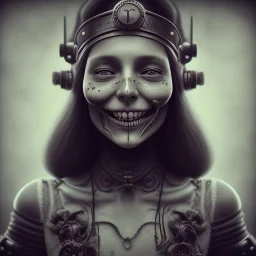 a cute smiling girl looking like a pirate with a tattoo in her face, michelangelo style, steam punk, scary, horror, realistic, made in octane, cinematic, ultra-realistic, extremely detailed octane rendering, 8K, VRAY Super Real ar 2:3, dof photorealistic futuristic 50mm lens hard lighting dark gray tintype photograph, realistic lighting, sephia colors