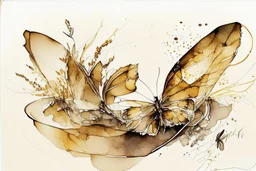 double exposure salad platter butterfly Jean Baptiste Monge watercolor and ink S<AI double exposure burned brown sepia colors abstract lines pastel colors golden glitter ink contours