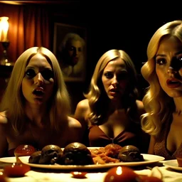 Horror movie shot, spooky, ultra realistic, dine, ultra realistic hot blonde women, party, pieces of meat, organs, ail, dynamic, very excited people, hypermaximalist figures, light, 1970's Italian horror movie, sinister,, Dario Argento, Stanley Kubrik, ornate, 4k, photorealism