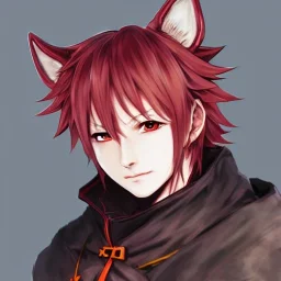 Final fantasy XIV, Detailed anime boy, crimson red hair, wolf ears, orange eyes, white trench coat, intricate details, Dark knight (final fantasy) , full body portrait, keep head in frame, slight smile with a single fang exposed, black Japanese motif, concept art, highly detailed, digital painting, concept art, sharp focus, illustration, art by Yoji Shinkawa, WLOP and greg rutkowski and alphonse mucha and artgerm and yanjun Chen and Junji ito and Makoto Shinkai, HDR, octane render