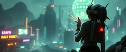 cyberpunk space city, in valley, close up on A space pirate hi class girl with disco ball rocket shooting sparks backpack , Blew a fuse in his hips and short-circuited his bits, The Martian fluffy gremlins went wild, the Plutonians dogs screamed, Even black-and-white aliens turned ultraviolet green! in the style of fallout 4 and HR Giger, background motion blur , and volume fog spot lights
