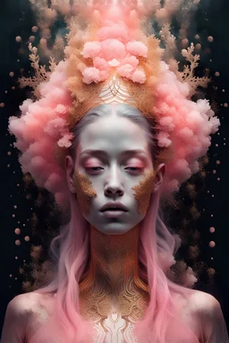 photo RAW, (pink and gold : Portrait of a ghostly woman, waterfall, shiny aura, highly detailed, gold filigree, intricate motifs, organic tracery, by Android jones, Januz Miralles, Hikari Shimoda, glowing stardust by W. Zelmer, perfect composition, smooth, sharp focus, sparkling particles, lively coral reef background Realistic, realism, hd, 35mm photograph, 8k), masterpiece, award winning photography, natural light, perfect composition, high detail, hyper realistic