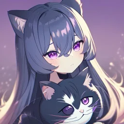 Clear focus, High resolution,a anime kid, rough line skecth, cute, cartoony style, 1girl, black long hair,hair between eyes, cat ears, purple eye, 1 purple streak in haie, half chibi, only head no body
