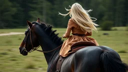 Detail of a blonde rider, from behind, riding without a saddle or bridle on a dark horse at full gallop.