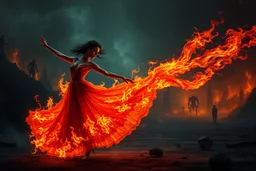 a stunning detalied surreal image where a dancer's dress transforms into fire, and tongues of flame, the background is the hell, cracked , ruined nightly landscape, nightmare from the hell, dark siluettes, pale light, dark night, demons, crepy stunning image, masterpeace