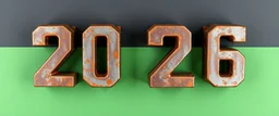 "2026" in squared block letters made of shiny and rusty metal on contrasting background