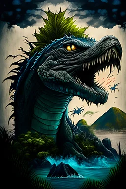 Buatkan gambar seorang komodo raksasa dengan mata penuh amarah, dan air liur menetes dari gigi-giginya yang runcing. Latar belakangnya adalah pohon perdu yang rimbun dan bukit karang yang megah. Sisipkan elemen-elemen yang mengerikan dan menakutkan pada gambar tersebut untuk menampilkan kekuatan dan keganasan komodo raksasa tersebut.